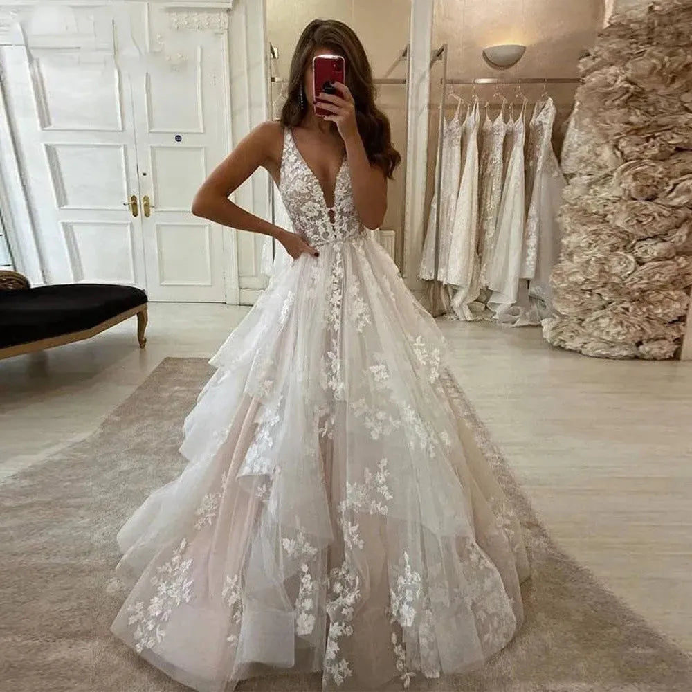 A-Line V-Neck Boho Wedding Dress Puffy Tulle Princess Bridal Dresses P
