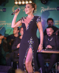 Top Quality Women Short Sleeve Shinning Crystal Bodycon Bandage Long Dress Celebrity Singer Performance Costume Stage Wear