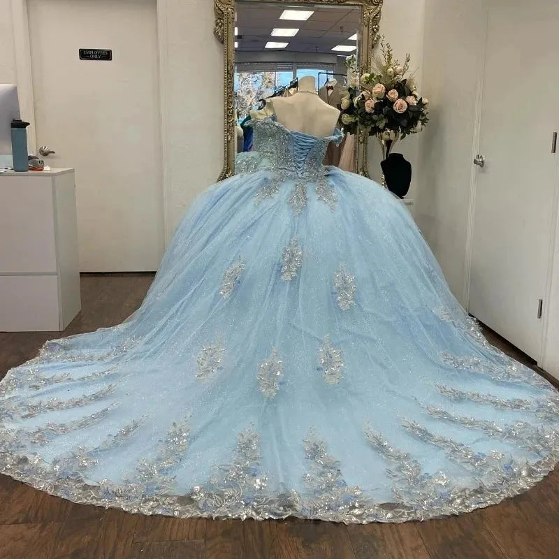 Vestidos de quinceanera azuis de luxo, renda com contas prateadas, ves