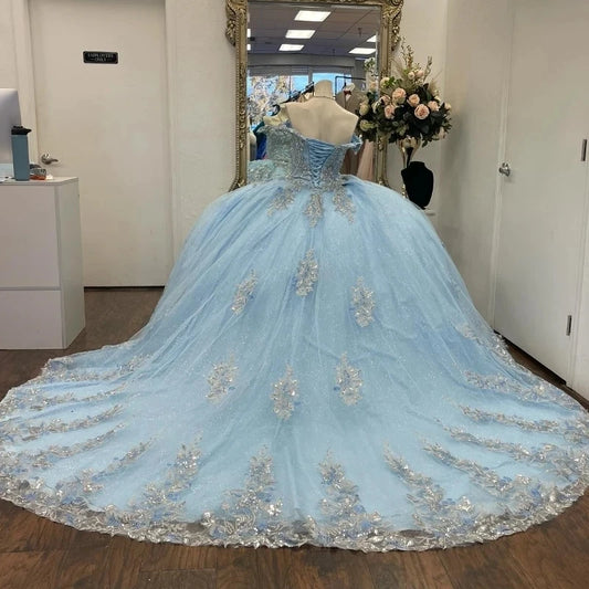 Luxury Blue Quinceanera Dresses Sliver Beading Lace Vestidos De 15 Anos Corset Birthday Princess Party Gowns