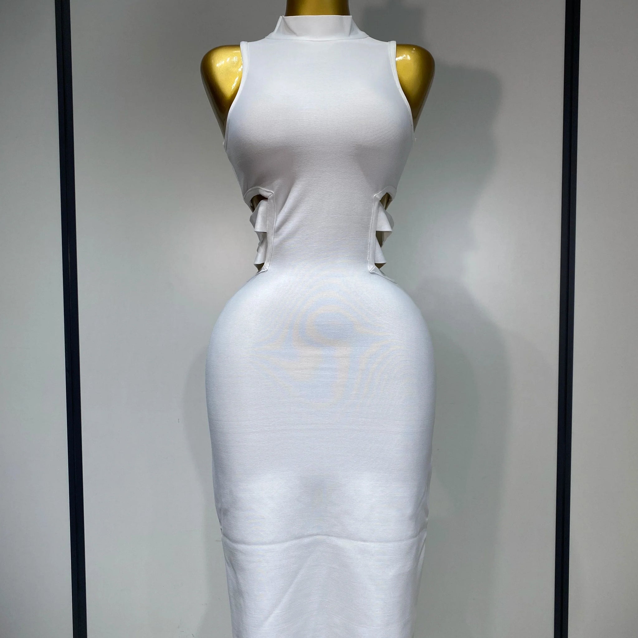 Women Sexy Turtleneck White Cut Out Midi Bodycon Bandage Dress White Elegant Evening Party Dress Luxury Birthday Dress WHITE
