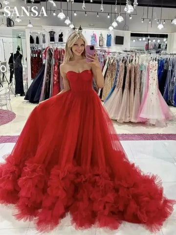 Princess Red Strapless Tulle Prom Dress Sweetheart Multilayer Puffy Sleeveless Evening Gown Red