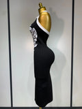 Women Fashion Celebrity Sexy Backless Rose Flower Midi Black Jacquard Bandage Dress Elegant Evening Club Party Dresses
