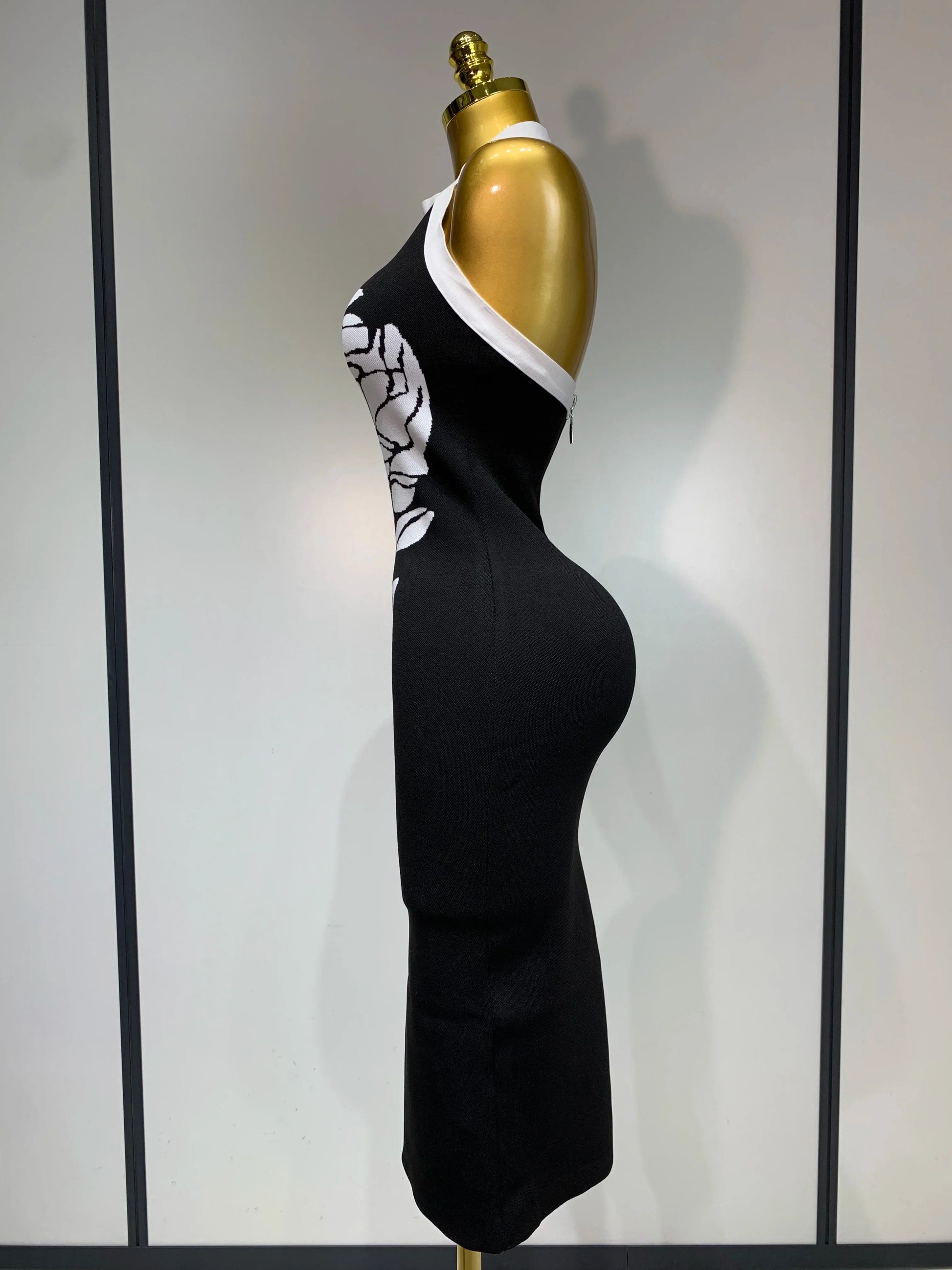 Women Fashion Celebrity Sexy Backless Rose Flower Midi Black Jacquard Bandage Dress Elegant Evening Club Party Dresses