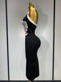 Women Fashion Celebrity Sexy Backless Rose Flower Midi Black Jacquard Bandage Dress Elegant Evening Club Party Dresses
