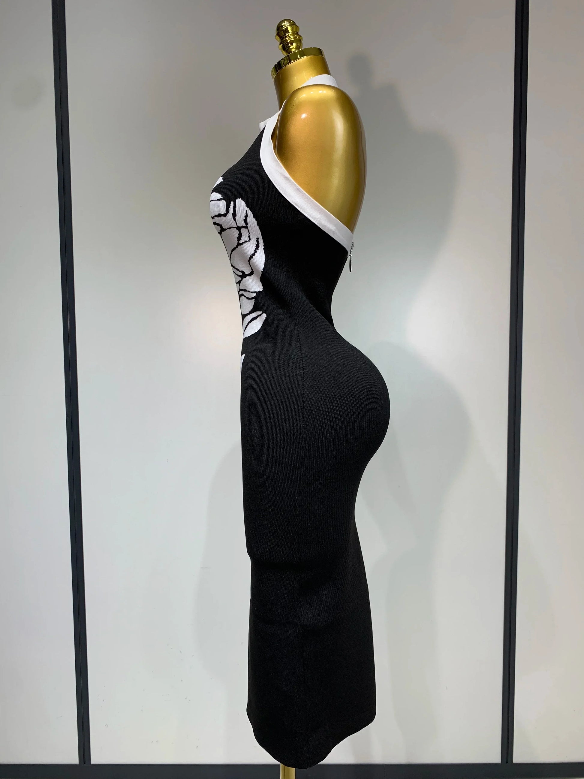 Women Fashion Celebrity Sexy Backless Rose Flower Midi Black Jacquard Bandage Dress Elegant Evening Club Party Dresses