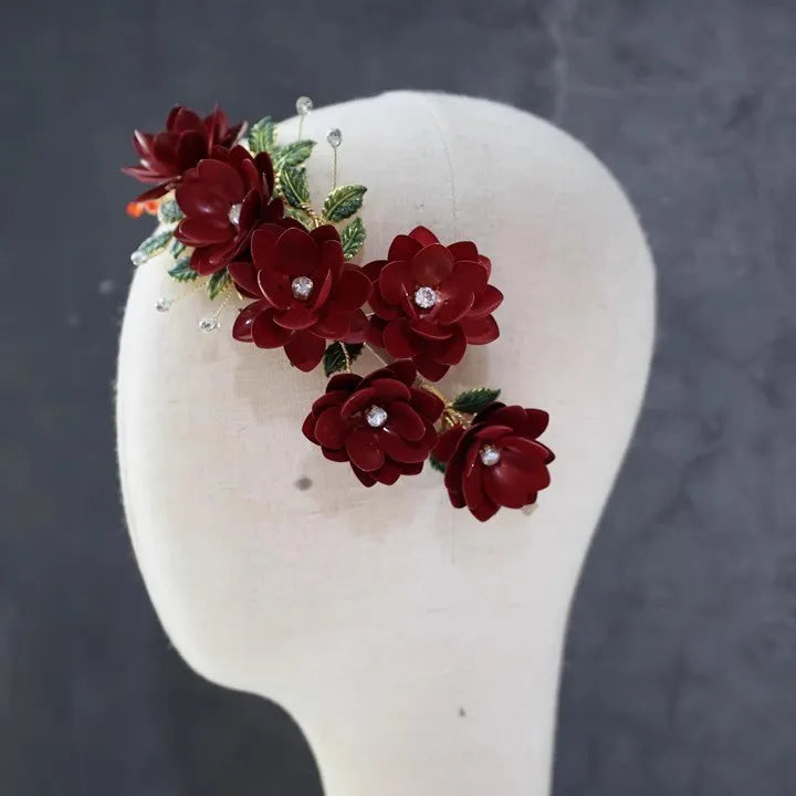Red Flower Headband Hairband Crystal Headpiece Headwear For Bride Tiara Crown Headdress Bridal Jewelry Wedding Hair Accessories b
