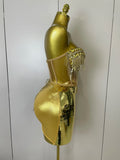 Sparkly Gold Rhinstones tassels Top Skirt Two-piec Set Women Sexy Strapless Designer Nightclub Evening Party Stage Outfit