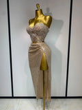 Shinning Beading Sequins Women Sexy Strapless Bodycon Two Pieces Set Celebrate Nightclub Party Luxury Birthday Stage Outfit