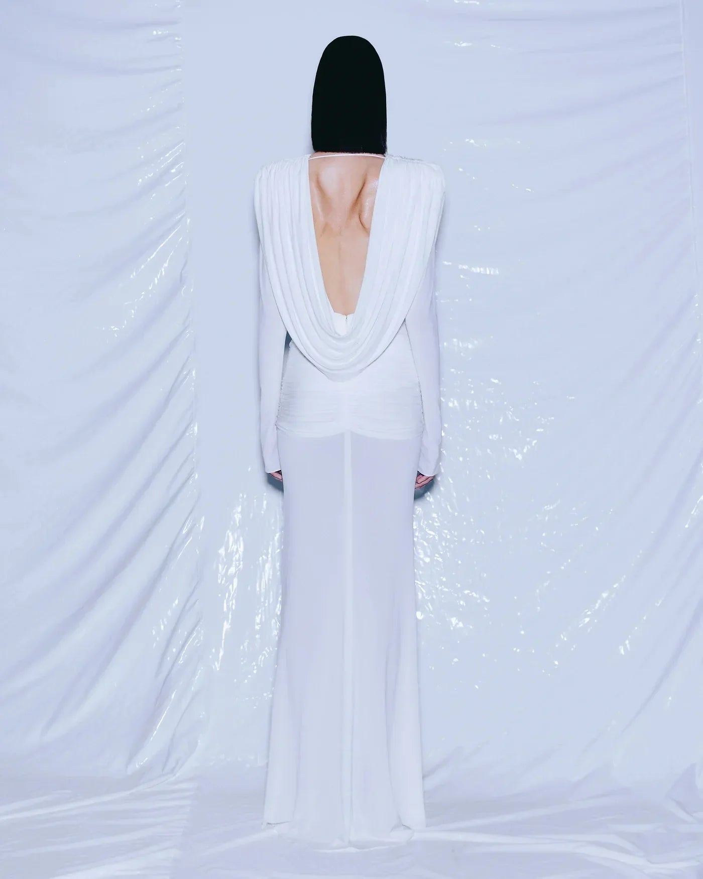 White Color Women Long Sleeve Sexy V-Neck Draped Bodycon Long Dress Fashion Celebrate Evening Party Birthday Outfit