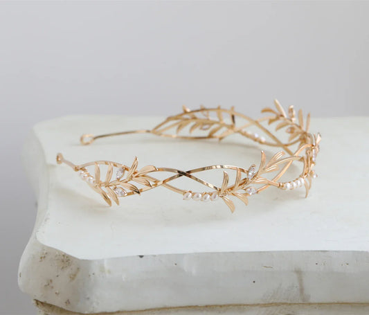 Bridal Hair Jewelry Vintage Gold Color Tiara Pearl Zircon Headband Headpiece Brides Leaf Hairband Headwear Wedding Accessories