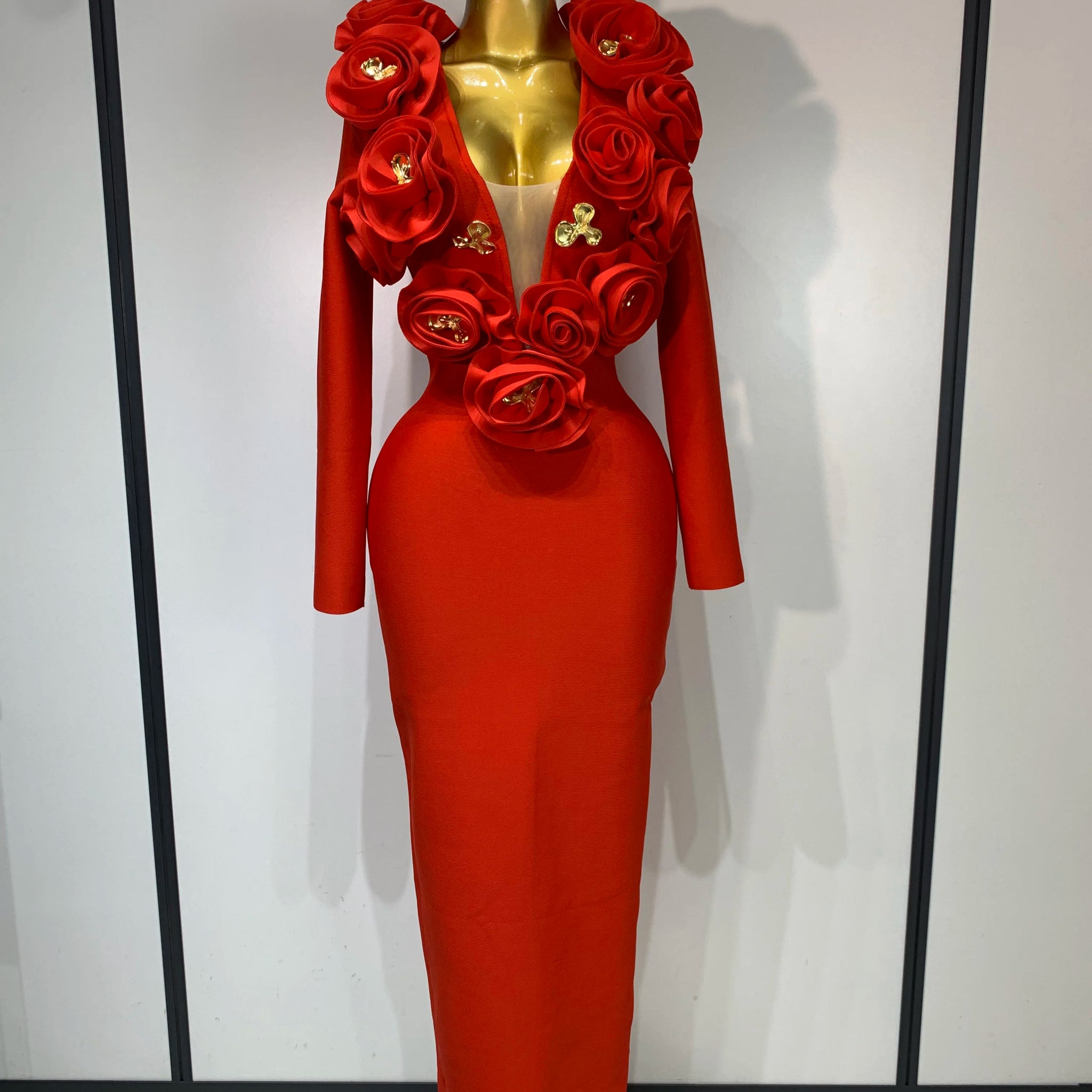 Sexy Fashion Red 3D Flower Long Sleeves Bodycon Long Bandage Dress Women Celebrity Elegant Evening Party Birthday Dresses Red