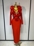 Sexy Fashion Red 3D Flower Long Sleeves Bodycon Bandage Dress Women Celebrity Elegant Evening Party Club Luxury Birthday Dresses Red