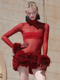 Red Color Women Long Sleeve Sexy Mesh See Through Florals Ball Gown Mini Dress Nightclub Party Celebrate Performance Stage Wear