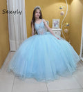Shiny Light Blue Quinceanera Dresses 2025 Princess Spaghetti Straps Lace A Line Prom Dress Birthday Sweet 16 Party Customized