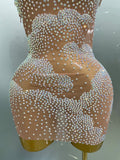 Sexy Sparkle Rhinestone Transparent Stretch Mini Dress Women Evening Birthday Party Club Stage Performance Costume