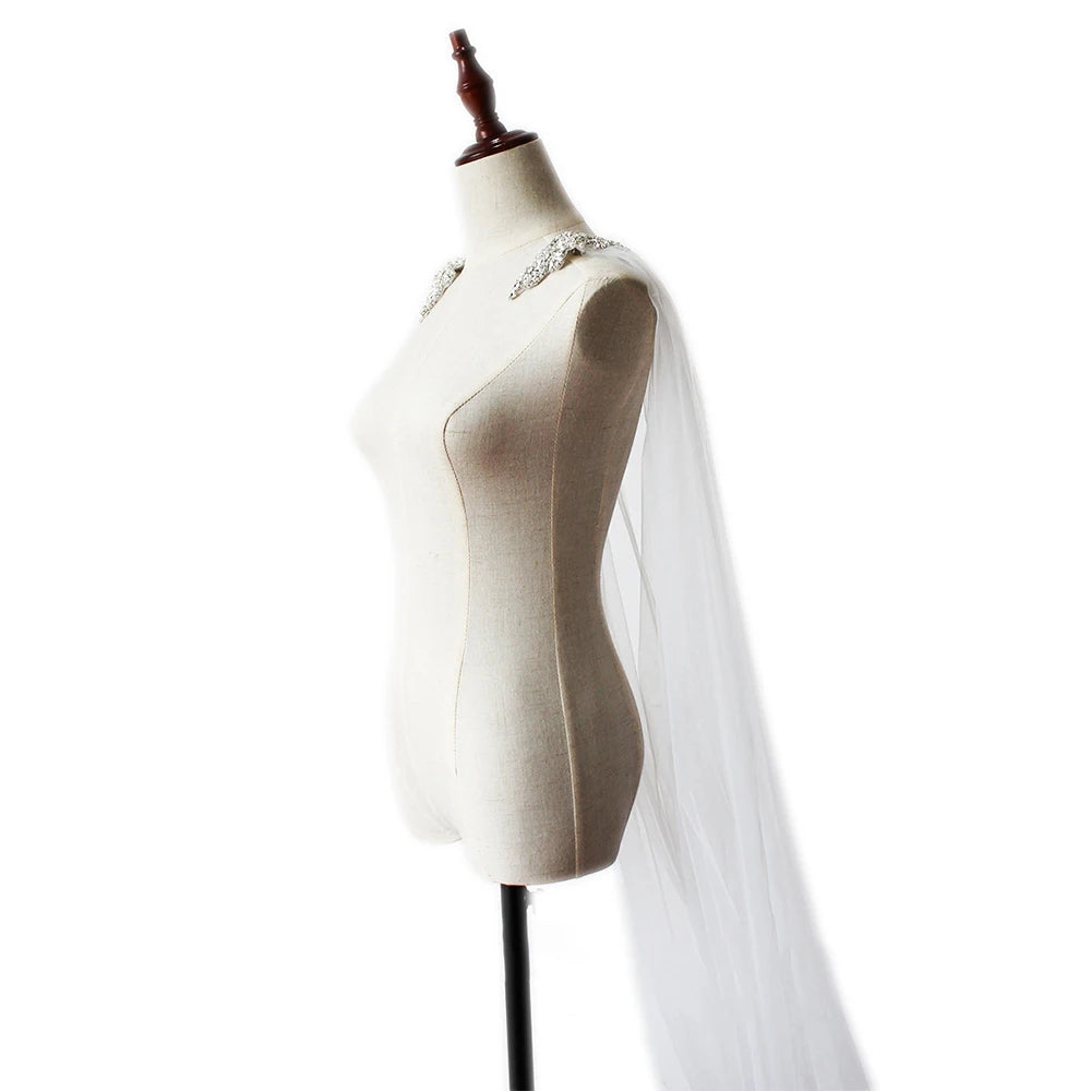 Soft Bridal Cape Veil with Diamond Appliques on Shoulder Wedding Cloak Elegant Bridal Accessory White