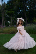 Baby Pink Off Shoulder Prom Dress Sweet Edge Curl Organza Vestidos De Noche Puffy Prom Dress Princess فساتين السهرة