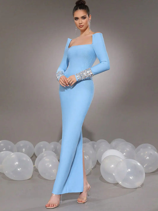 Women'S Elegant Bandage Dresses Square Neck Long Sleeved Nail Bead Design Bodycon Long Dress Evening Party Vestidos