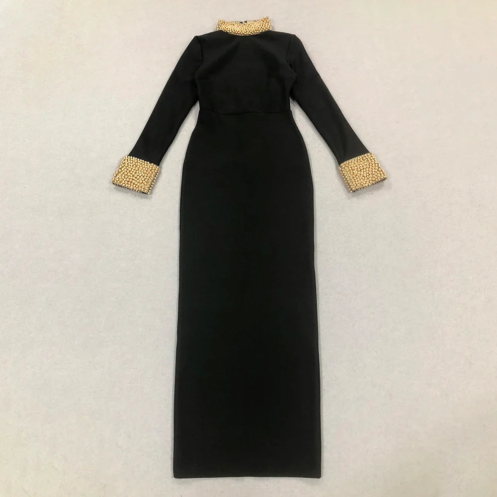 Black Color Women Long Sleeve Sexy Backless Golden Beading Bodycon Bandage Long Dress Fashion Celebrate Evening Party Dress
