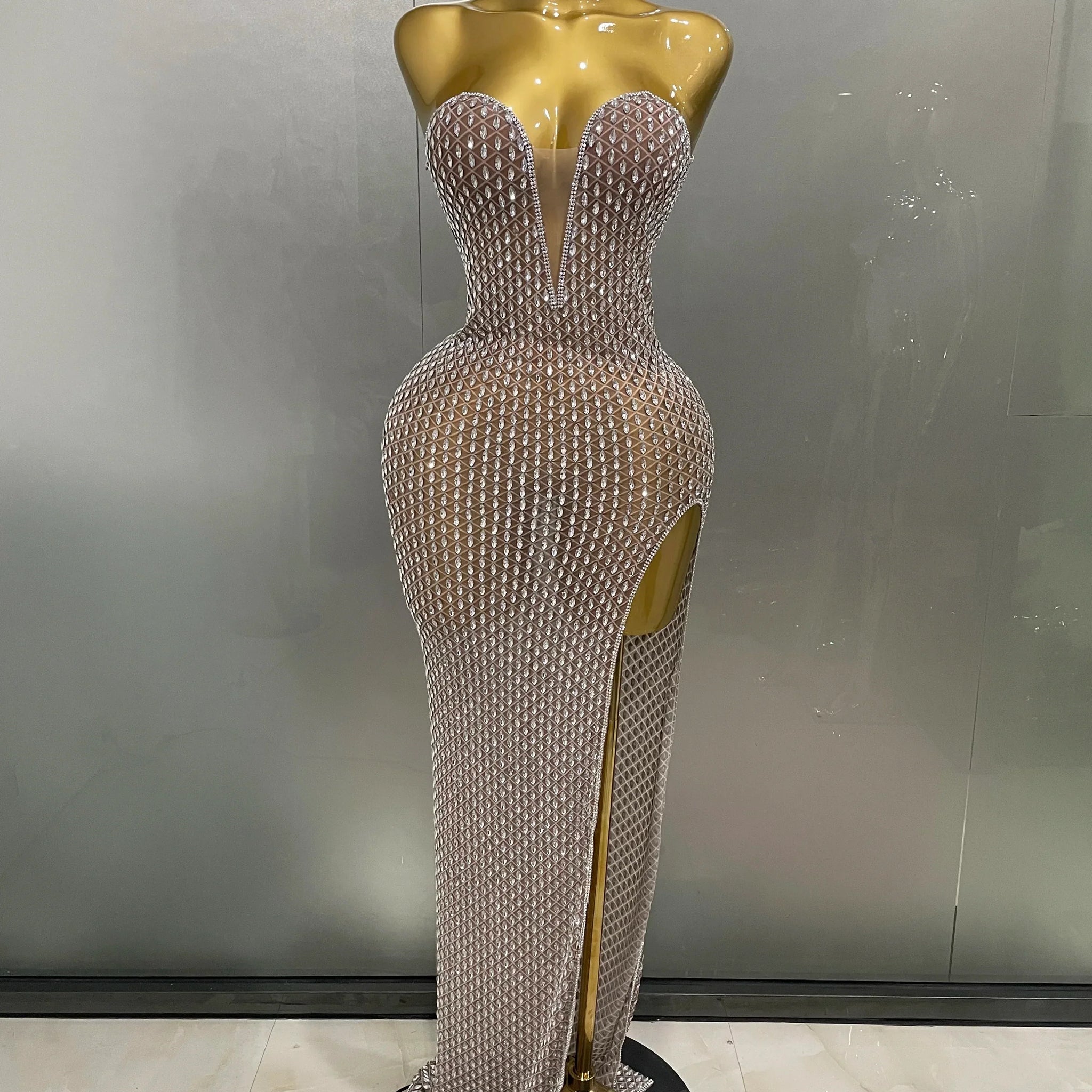 Luxurious Full Rhinestones Mesh Transparent long dress Women Birthday Celebrate Evening Prom Dress party Club Stage Costume Khaki