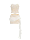 2024 New Fashion White Color Women Sexy Strapless 2 Pieces Bodycon Lace Draped Mini Dress Birthday Party Girls' Date Outfit