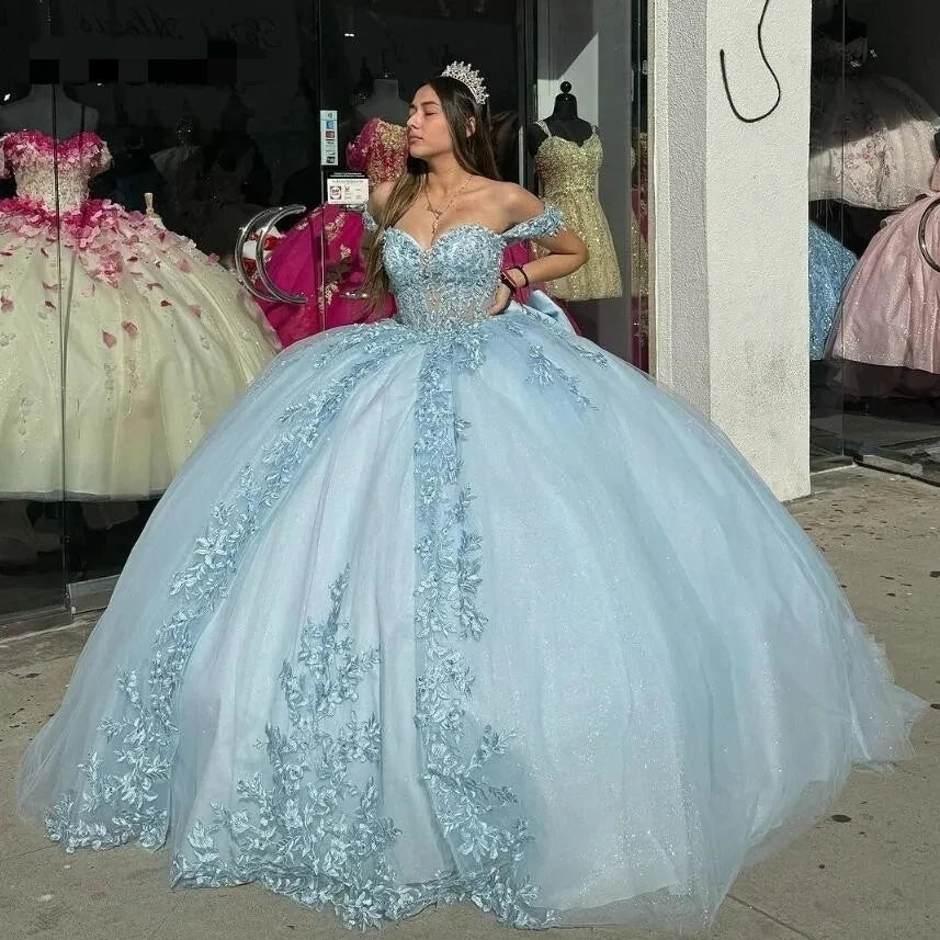 Luxury Blue Quinceanera Dresses With Bow Beading Lace Appliques Vestidos De 15 Anos Formal Birthday Party Princess