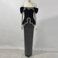 Women Sexy Off Shoulder Pearl Diamond Black Maxi Long Bandage Two Piece Set Elegant Evening Club Party Prom Gowns black