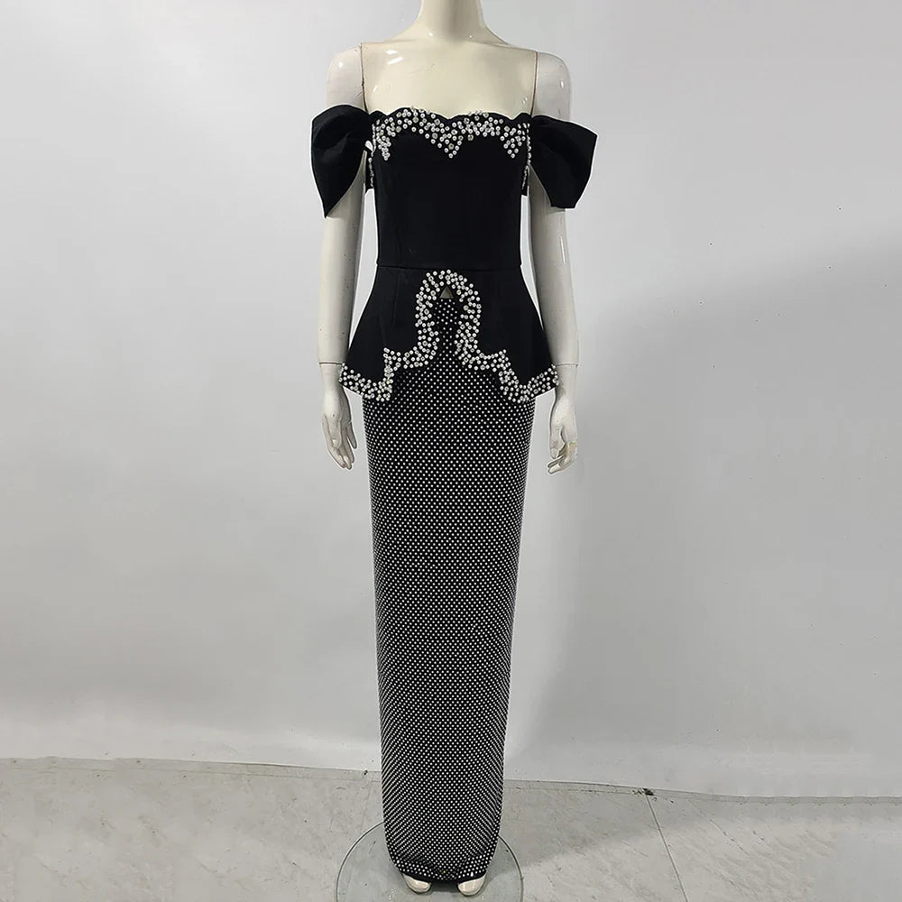Women Sexy Off Shoulder Pearl Diamond Black Maxi Long Bandage Two Piece Set Elegant Evening Club Party Prom Gowns black