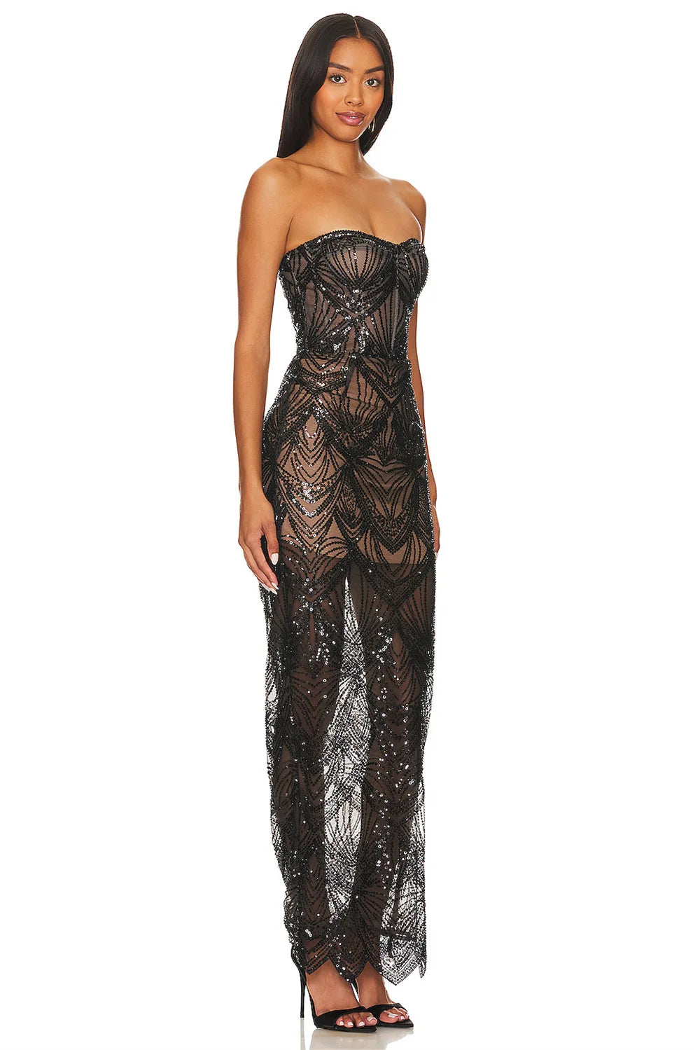 Shining Black Sequins Sexy Mesh See Through Straplerss Ankle Length Dress Woman Birthday Party Dress Celebrity Party Vestido