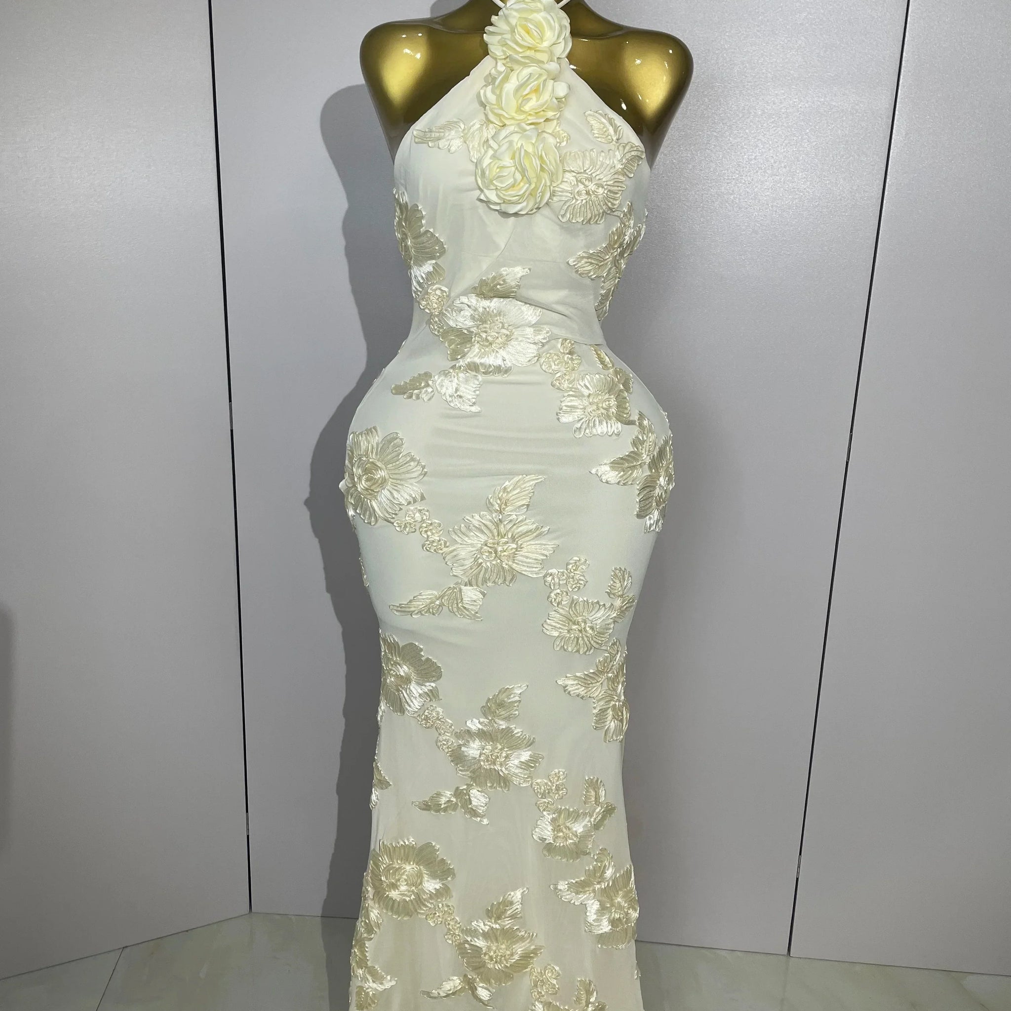 Sexy Halter High Waist Slim Embroidery Floral Long Dress Women Celebrate Evening Party Prom Fashion Cocktail Outfit Lemon yellow