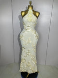 Sexy Halter High Waist Slim Embroidery Floral Long Dress Women Celebrate Evening Party Prom Fashion Cocktail Outfit Lemon yellow