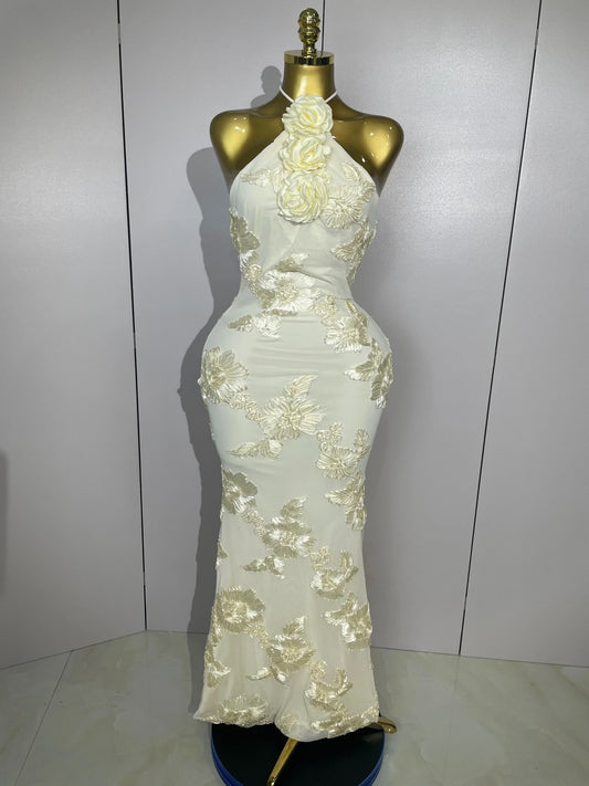 Sexy Halter High Waist Slim Embroidery Floral Long Dress Women Celebrate Evening Party Prom Fashion Cocktail Outfit Lemon yellow