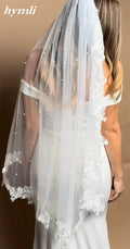 White , Light Ivory 1 Tier Pearl Veil Lace Fingertip Length Bridal Veil