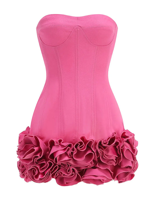 2024 Sexy Women'S Backless Drawstring Tied Dress Strapless Sleeveless Edible Tree Fungi Puffy Dress Cocktail Party Vestidos Rose Red