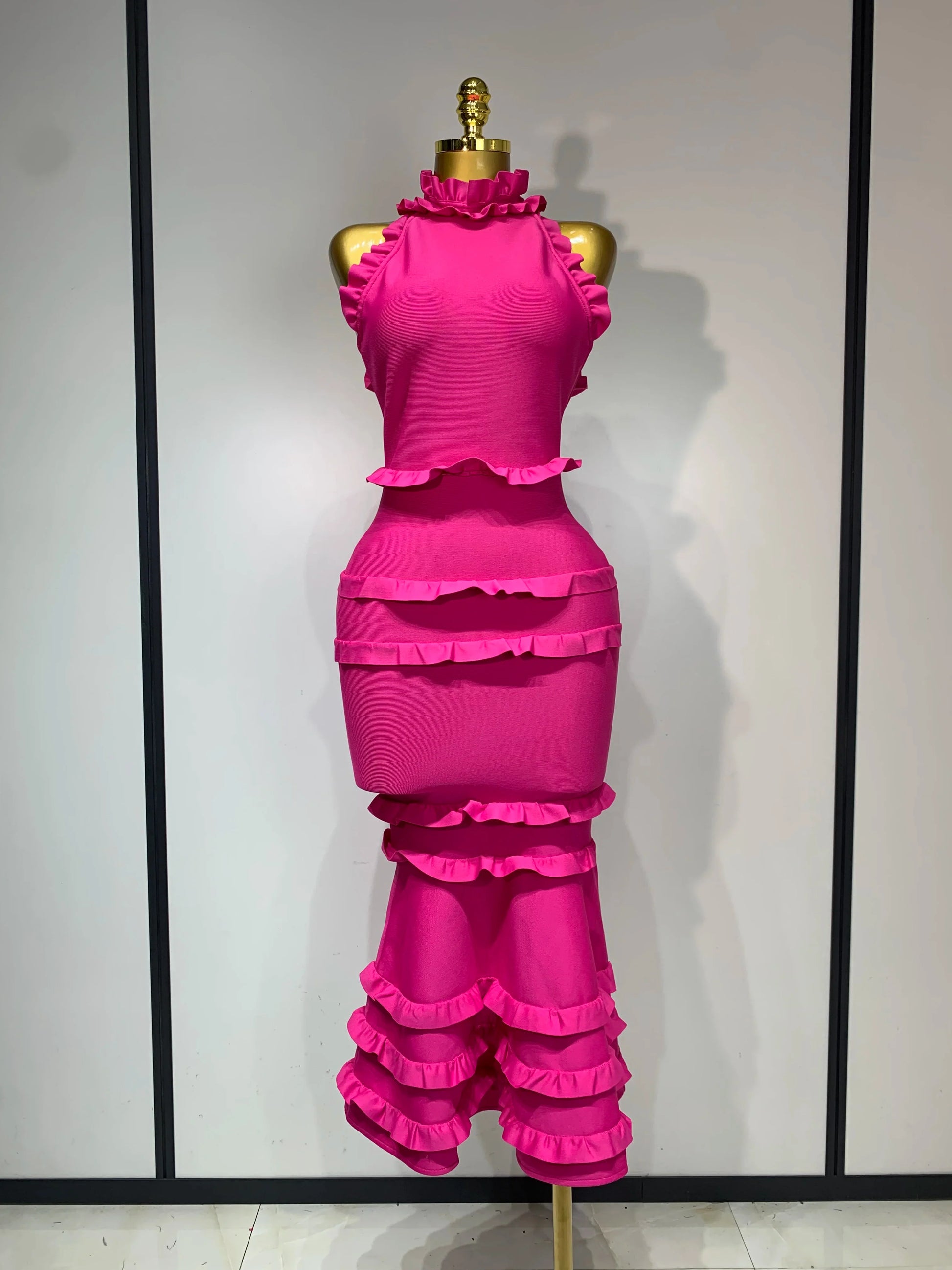 Women Sexy Backless Ruffles Bodycon Bandage Mermaid Dress Celebrate Evening Party Luxury Birthday Wedding Guest Dress Rose Red