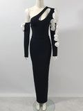 Sexy Women's 3D Flower Decorative Bandage Dress with Diagonal Collar Long Sleeve Bodycon Split Length Dress Party Vestidos black