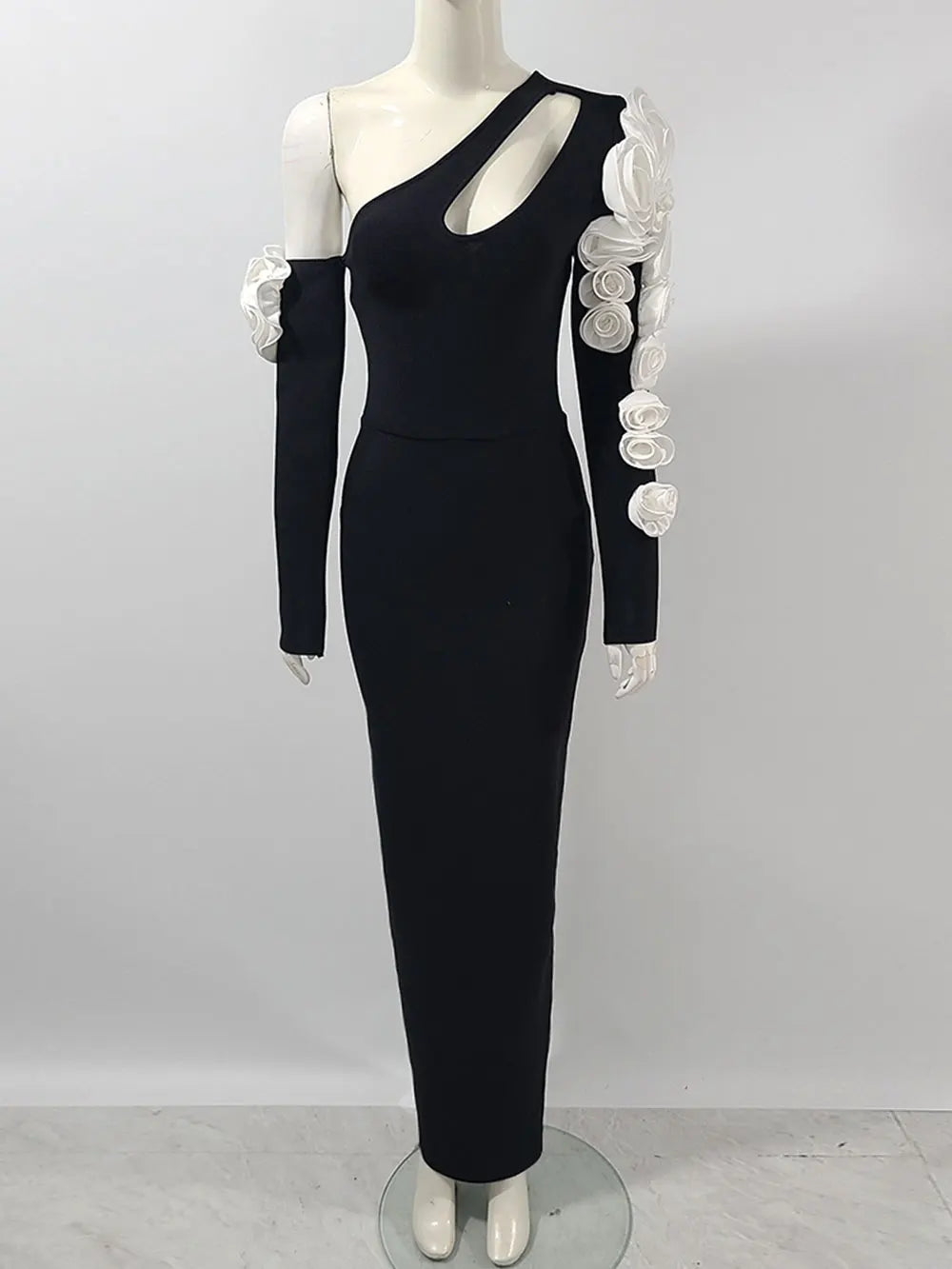Sexy Women's 3D Flower Decorative Bandage Dress with Diagonal Collar Long Sleeve Bodycon Split Length Dress Party Vestidos black