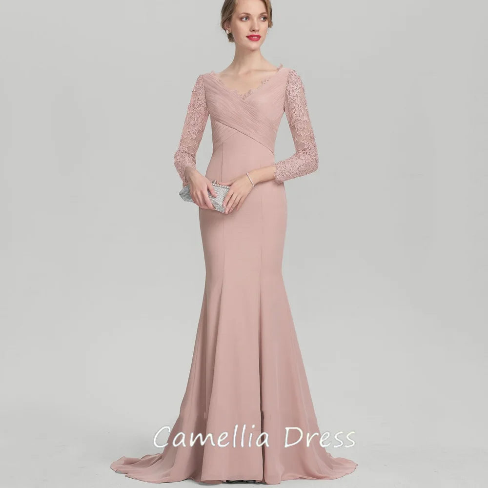 Elegant Customized A Line Chiffon Mother of Bride Dresses Mermaid Long Sleeve Formal Evening Gowns Lace Bridal Party Dress