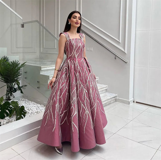 Modest Saudi Arabic Evening Dresses Spaghetti Strap A-Line Prom Dresses Ankle Length Appliques Vestidos De Gala As Picture