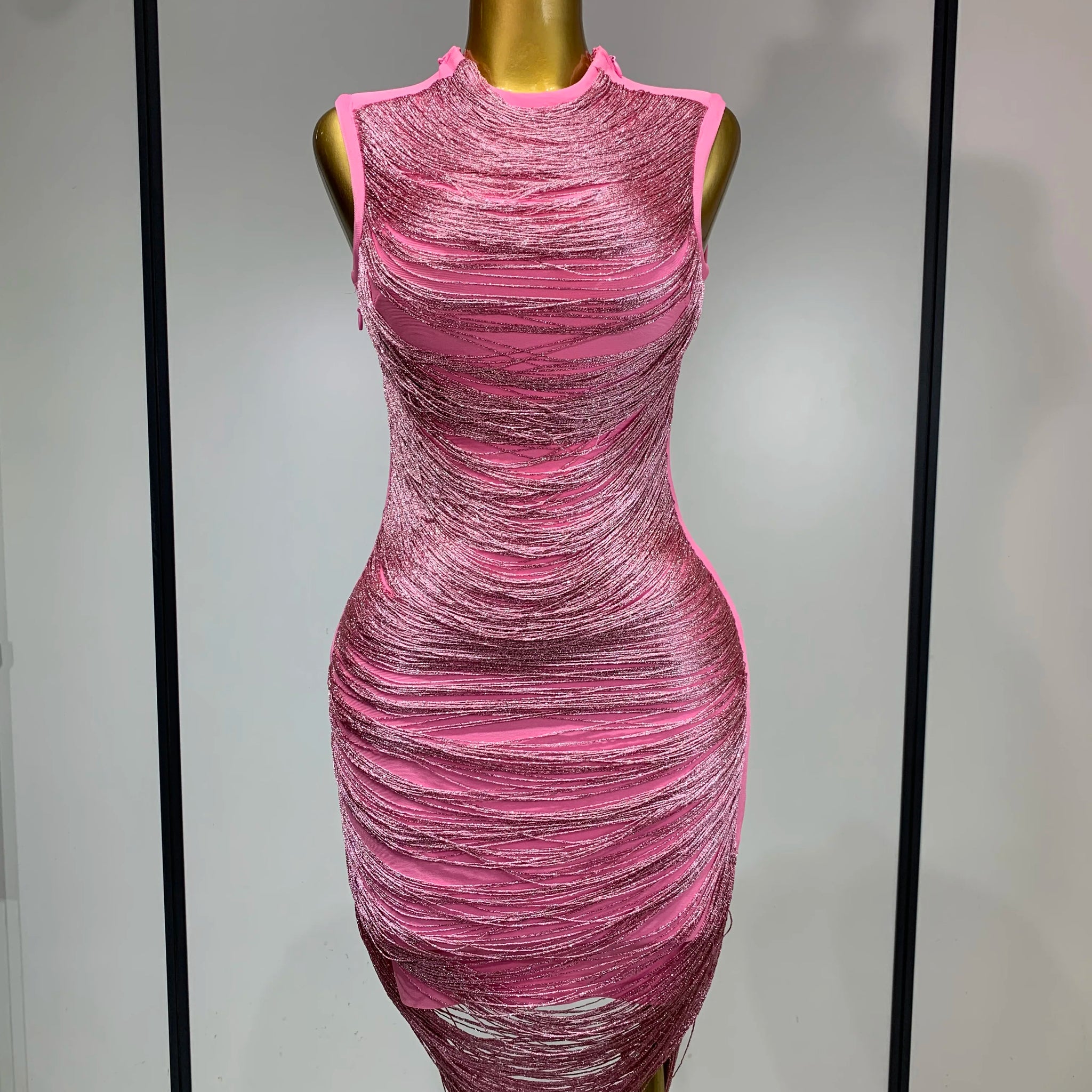 Women Sexy Tassel Pink Mini Bodycon Bandage Dress 2025 Celebrity Designer Fashion Party Evening Nightclub Dresses Cocktail Gowns Pink