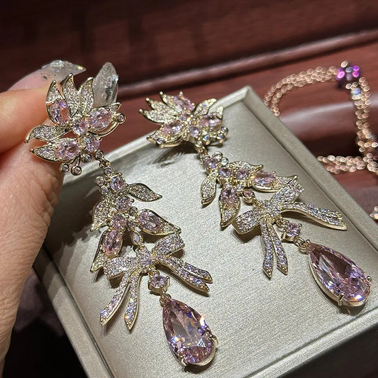 High Quality AAA Zircon Bridal Earrings Pink CZ Zirconia Wedding Earring For Women Brides Accessories Dinner Party Dress Jewelry