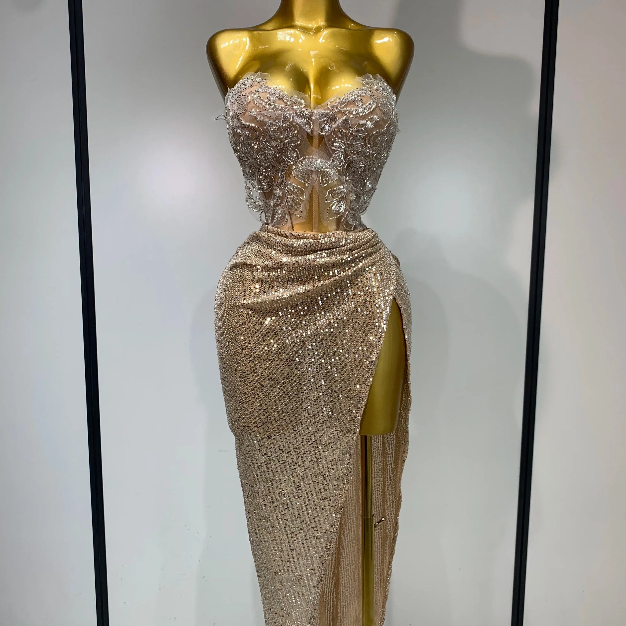 Shinning Beading Sequins Women Sexy Strapless Bodycon Two Pieces Set Celebrate Nightclub Party Luxury Birthday Stage Outfit Beige