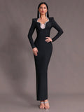 Elegant Women's Light Luxury Nail Diamond Design Bandage Dress U Neck Long Sleeve Bodycon Long Dress Evening Party Vestidos black