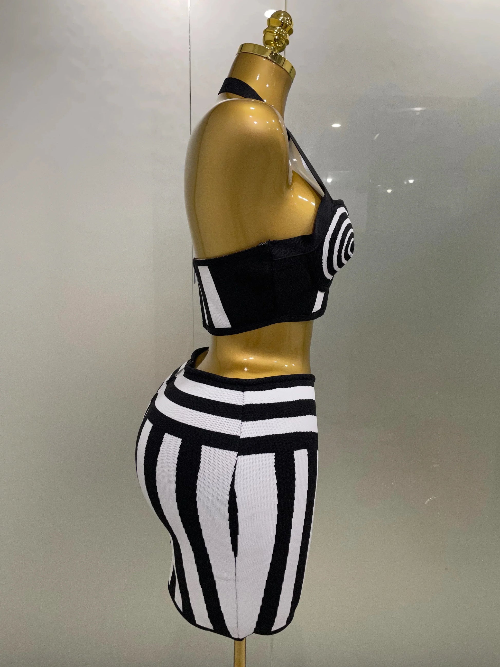 Women Celebrity Sexy Jacquard Black White Two Piece Bodycon Striped Bandage Skirt Set Designer Evening Party Dress