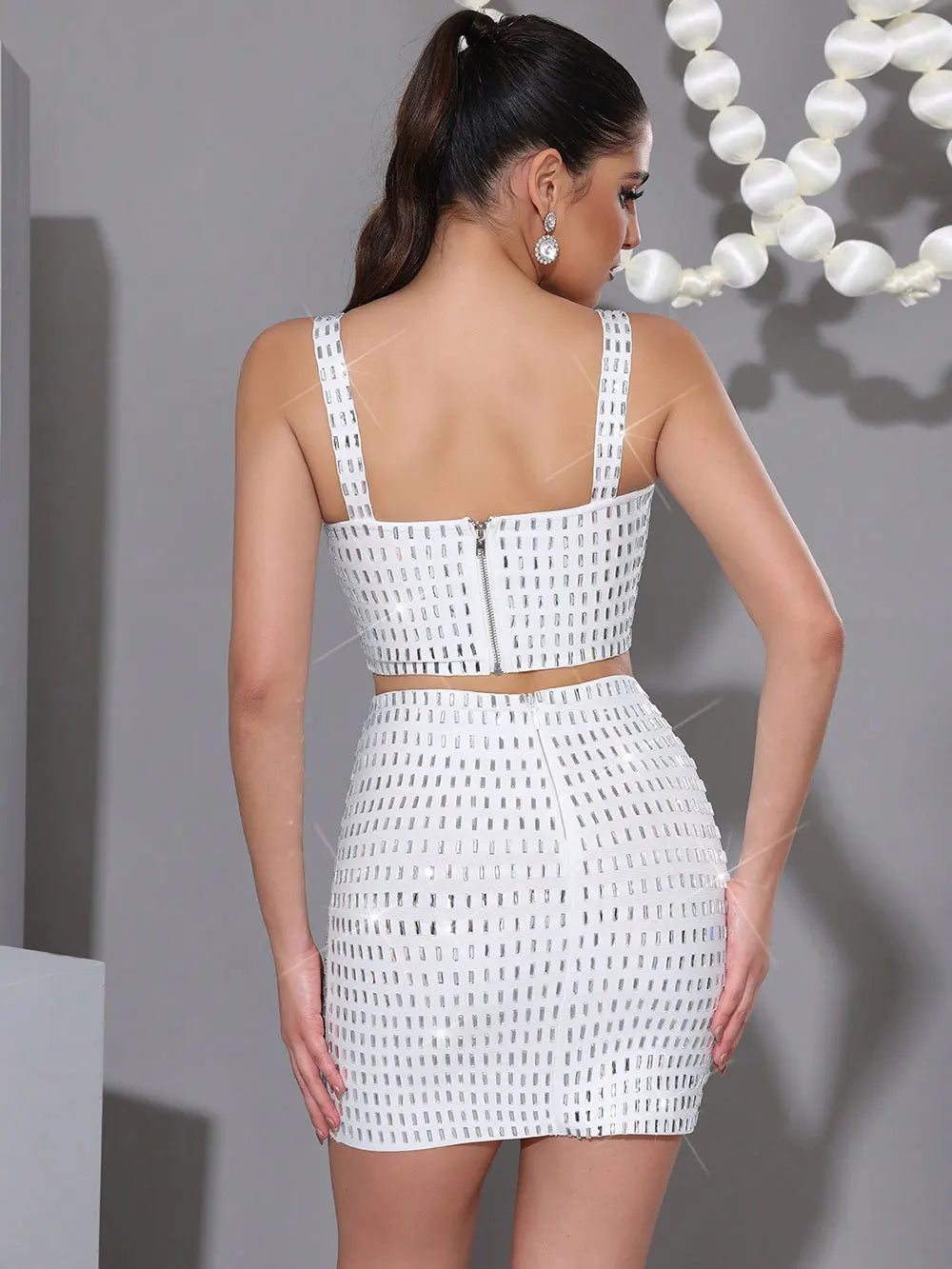 Elegant Women's Nail Bead Design Bandage Skirt Set Camisole Sleeveless Ultra Short Tank Top+Mini Skirt Two Piece Set
