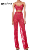 Sexy Women'S Lace Pants Set Spaghetti Strap Sleeveless Backless Ultra Short Vest+Straight Leg Pants Two-Piece Set