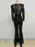 Sexy Women's Light Luxury Embroidered Hot Diamond Patchwork Design jumpsuit V-neck Long sleeved Evening Party Horn jumpsuit