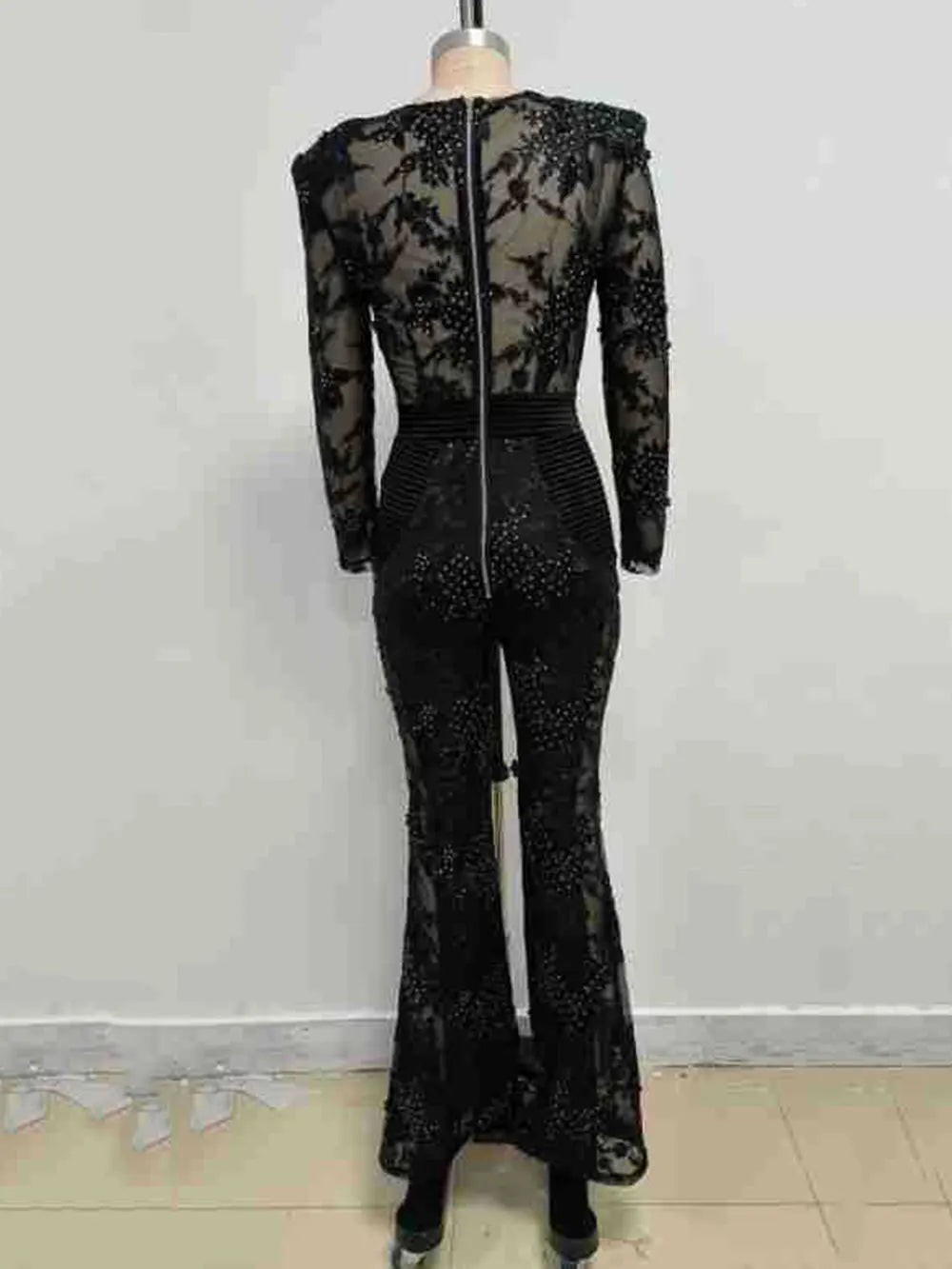 Sexy Women's Light Luxury Embroidered Hot Diamond Patchwork Design jumpsuit V-neck Long sleeved Evening Party Horn jumpsuit