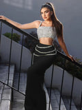 Sexy Women Light Luxury Nail Bead Long Skirt Set Spaghetti Strap Sleeveless Ultra Short Vest+High Waist Skirt Two-Piece Set